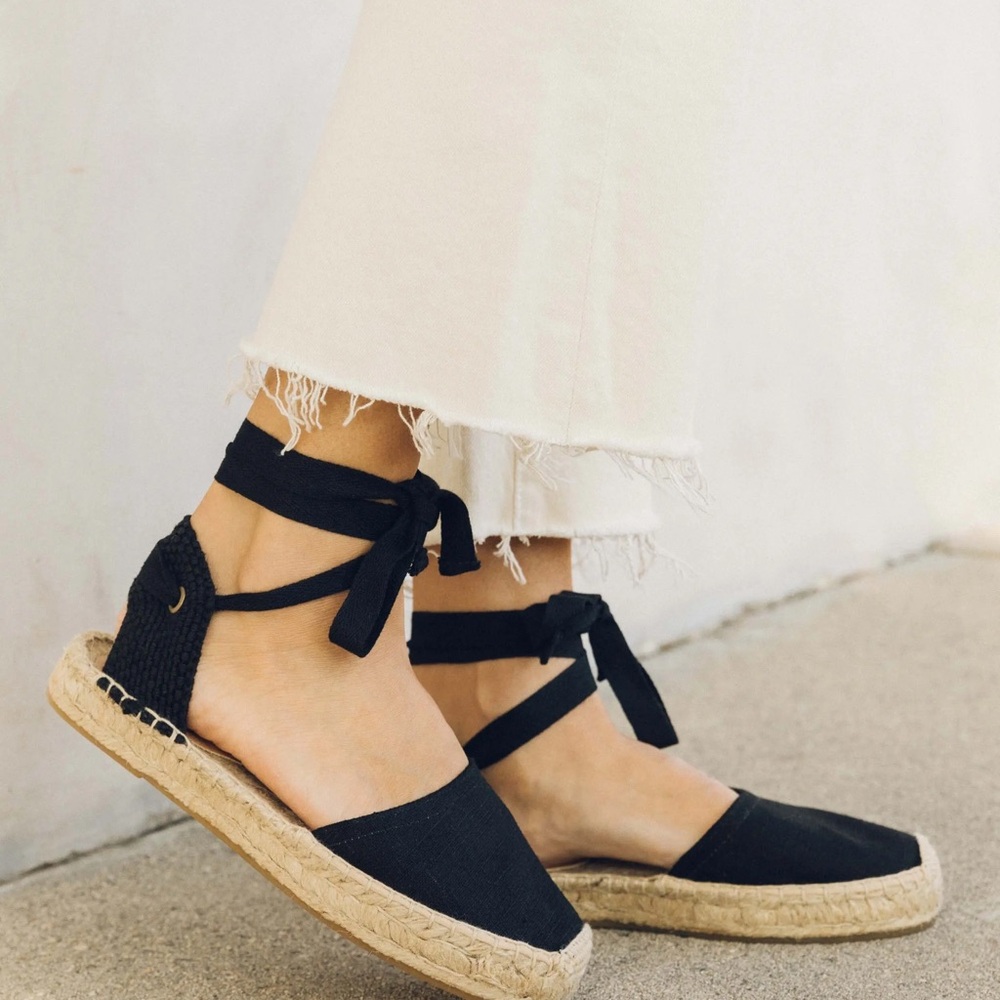 Soludos Espadrille Sandals Black Linen Jute Base Euro Summer Womens LAST PAIR